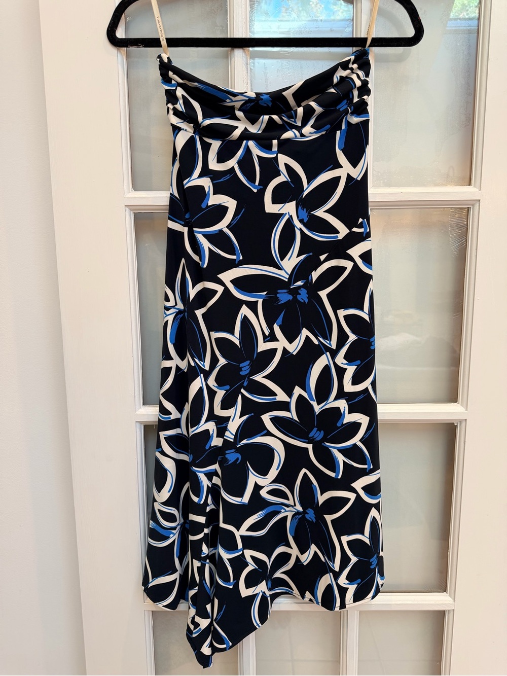 Vintage BCBGMAXAZRIA Y2K Black Blue Floral Strapless Back Bow Dress Size M